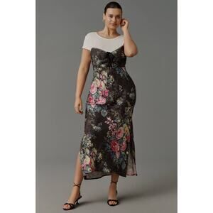 Anthropologie XL Floral Twofer Midi Dress Layered Slip Romantic Cottagecore